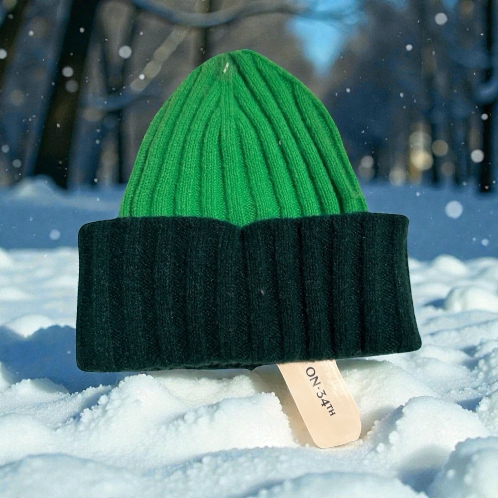 Macy's On 34th Women's Wide Ribbed Colorblocked Beanie Green Knit Hat